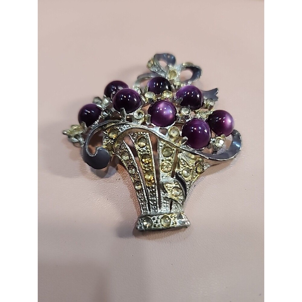 CORO Moonstone Purple Basket Brooch Rhinestones Vintage Jewelry B07